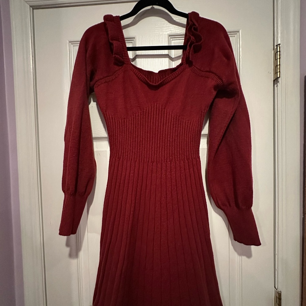 SHEIN Red Ribbed Sheath Dress with Bishop Sleeves